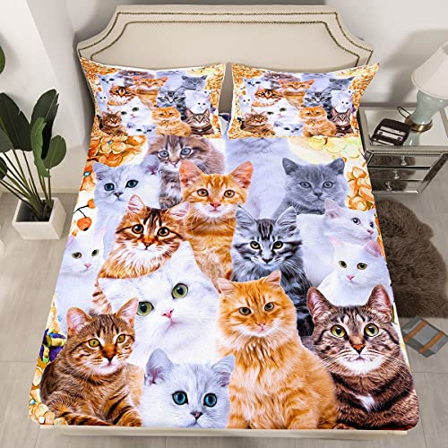 Katzen Spannbettlaken 90x200cm Süße Katze Tierdruck Kleinkind Bettlaken Set für Kinder Jungen Mädchen Haustier Katze Thema Design Spannbetttuch Schön Blumen Orange mit 1 Kissenbezug 2St von Loussiesd