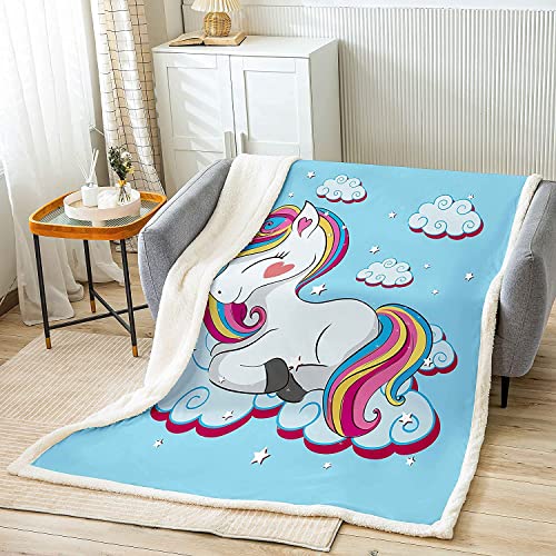 Kinder Decke 75x100cm Mädchen Jungen Einhorn Blau Karikatur Einhorn Regenbogen Wolken drucken Kuscheldecke für Jugendliche Frauen Süß Tiere Dekorativ Wohndecke Mikrofaser Flanell Fleecedecke von Loussiesd