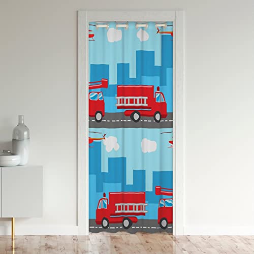 Kinder Feuer LKW Türvorhang 132x203cm für Tür Privatsphäre Auto Schrank Vorhang für Innentür Raumteiler Feuerwehrmann Zimmer Divider Vorhang Abdeckung Feuerwehrleute Auto Fahrzeug Rot Blau Vorhang von Loussiesd