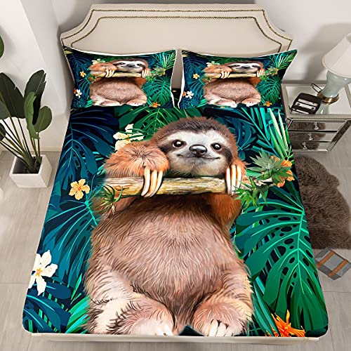 Kinder Niedliche Faultier Spannbetttuch Karikatur Tier Bettlaken Set Für Jungen Mädchen Lustige Faule Faultiere Tropische Blätter Blumendruck Spannbettlaken 140x200cm Natur Thema Raumdekoration von Loussiesd