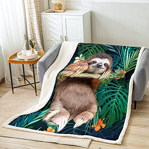 Kinder Niedliche Faultier Wohndecke Karikatur Tier Kuscheldecke Für Jungen Lustige Faule Faultiere Tropische Blätter Blumendruck Decke 150x200cm Natur Thema Raumdekoration Flanell Fleecedecke von Loussiesd