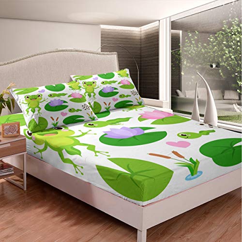 Kinder Spannbetttuch Frosch Druck Bettlaken Set Niedliches Karikatur Tier Thema Spannbettlaken 140x200cm für Kinder Jungen Mädchen Mikrofaser Lotus Blumenblumen Grüner Blattfrosch von Loussiesd