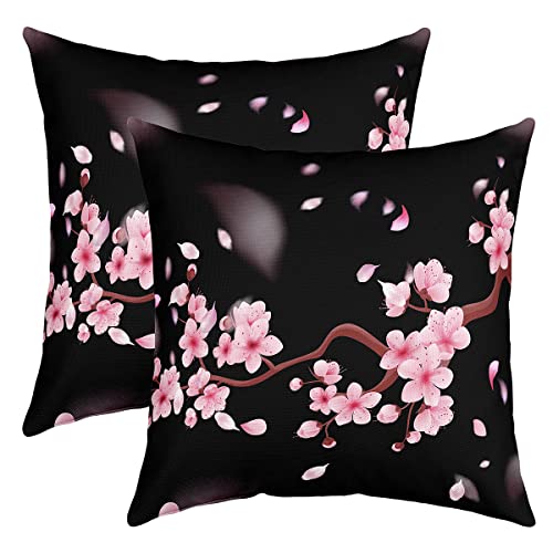 Kirschblüten Kissenbezüge 40x40cm 2er Set Kissenbezüge Japanisch Style Kissenbezug Kissenhülle Sakura Blume Dekorative Sofakissen Couchkissen Floral Botanical Rosa Schwarz Dekokissens von Loussiesd