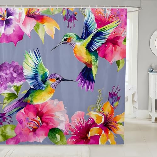 Kolibri Wasserdichtes Tropenvögel Duschvorhang Textil für Jungen Mädchen Kolibri Blumen Frühling botanisch wunderschön grau Duschvorhang 180x200cm Bauernhaus Garten Zimmerdekoration für Stände von Loussiesd