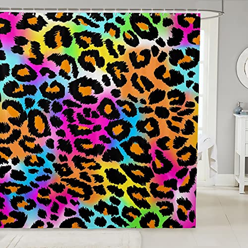 Leopard Drucken Duschvorhang 180x200cm Neon Regenbogen Leopardenfell mit Haken Meliert Exotisch Panthera Haut Duschvorhang Textil Bunte Tarnung Safari Wasserdichtes Tuch Stoff Badezimmer Dekor von Loussiesd