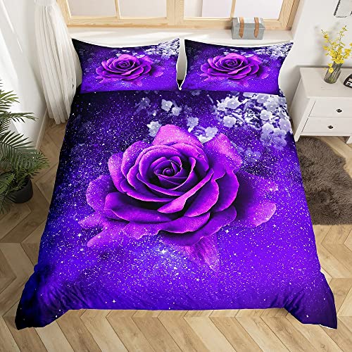 Lila Rose Bettwäsche 220x240cm Galaxis Blume Bettwäsche Mädchen Blüte Rose Bettbezug Set für Damen Frauen Jugendliche Flpral Bettwäsche Set Romantisch Digital Bedruckt Luxuriös, mit 2 Kissenbezug von Loussiesd