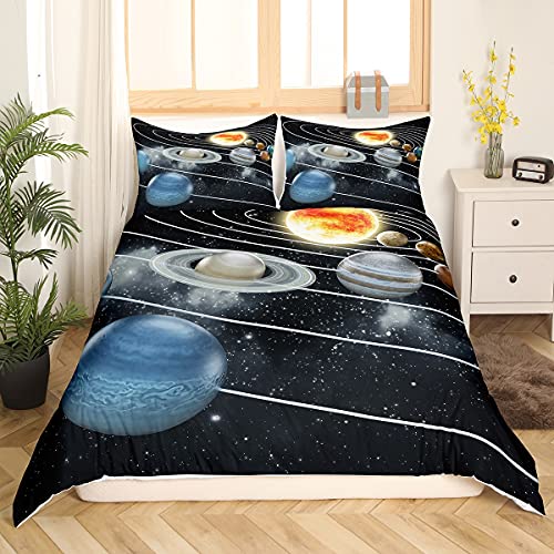 Loussiesd 135x200cm Kinder Bettwäsche Set Sonnensystem Acht Planeten Drucken Bettbezug Set Universum Galaxis Betten Set Soft Polyester Planet Sonne Mond Erde Drucken Bettwäsche mit 1 Kissenbezug von Loussiesd