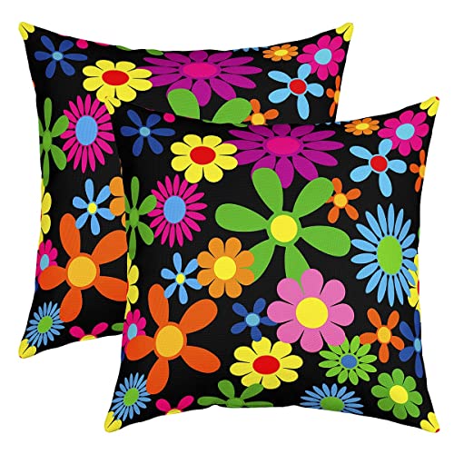 Loussiesd 2er Set Kissenbezüge Groovy Blume Kissenbezüge 45x45cm Retro Floral Boho Dekokissen Home Wohnzimmer Dekor Kissenhülle Kissenbezug Umkehrbar 70S Hippie Blumen Dekorative Wurf Dekokissen von Loussiesd