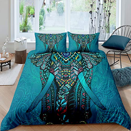 Loussiesd 3D Boho-Stil Bettw?sche Set 200x200 cm + 80x80 cm 3 teiligs Indischen Exotischen Mandala Blumen Betten Set mit 2 Kissenbezug Super Weiche Microfaser Bohemian Bettbezug Elefant Bunt - Grün von Loussiesd