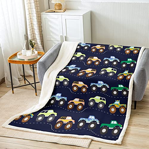 Loussiesd 3D Kinder Truck Decke Jungen Autos 4-Jahreszeiten Flanell Fleecedecke 130x150cm für Mädchen Jugendliche Truck Dekor Wohndecke Blau Cartoon-Auto Kuscheldecke von Loussiesd
