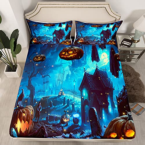 Loussiesd 3D Kürbis Spannbettlaken 140x200cm Nacht Schloss Design Bettlaken Set für Kinder Jungen Mädchen Halloween Spannbetttuch Karikatur Festival Blaugrün Blau mit 1 Kissenbezug 2St von Loussiesd