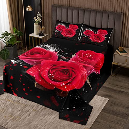 Loussiesd 3D Rose Bettüberwurf 220x240cm für Mädchen Rose Blumen Drucken Steppdecke Jugendliche Frauen Romantische Blumen Muster Tagesdecke Luxus Rot Schwarz Raumdekor von Loussiesd