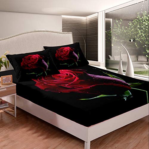 Loussiesd 3D Rot Rose Spannbettlaken 160x200cm Damen Rose Blumendruck Bettlaken Set Romantische Blumen Spannbetttuch rutschfeste Botanische Zweige Mit 1 Kissenbezug von Loussiesd