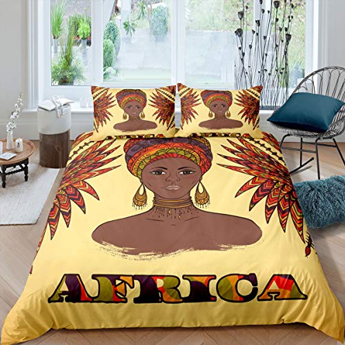 Loussiesd Afrika Bettw?sche Set 135x200cm 2 Stück Afrikanische Frau Drucken Bettbezug Set Exotischer Nation-Stamm Betten Set mit 1 Kissenbezug Komfortable Polyester Vintage Gelb Braun Muster von Loussiesd