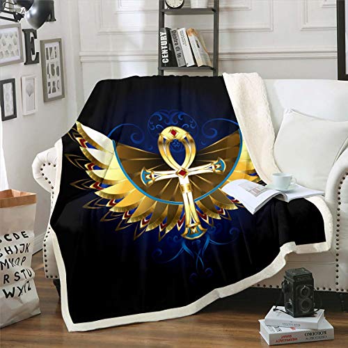 Loussiesd Altes Ägypten Wohndecke Goldene Flügel Kuscheldecke Ägypten Kultur Wohndecke für Couch Sofa Reisen Erwachsene Stammes Ägypter Decke Gold Schwarz Raumdekor 130x150cm von Loussiesd