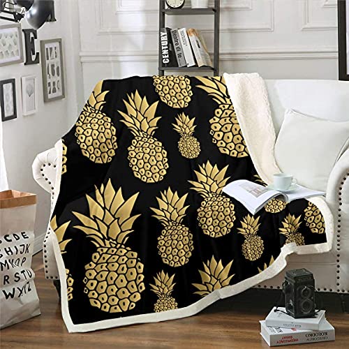 Loussiesd Ananas Flanell Fleecedecke Tropenfruchtdruck Wohndecke Frisches Ananas Muster Decke für Schlafsofa Couch Flanell Fleecedecke Gold Schwarz Raumdekor Decke 75x100cm von Loussiesd