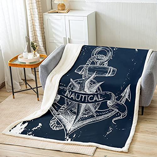 Loussiesd Anker Decke 150x200cm Flanell Fleecedecke Nautische Kuscheldecke Ozean Marine Themen für Kinder Jungen Mädchen Abenteuer auf dem Meer Mikrofaser Wohndecke Weiß Blau Zimmer Dekor von Loussiesd