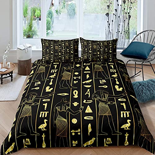 Loussiesd Antikes Ägypten Bettbezug Set Ägyptische Symbol Bettbezug Vintage Pharao Pyramide Bettwäsche Set 135x200cm Boho Stammes Bettbezug mit 1 Kissenbezüge, Gold Schwarz von Loussiesd