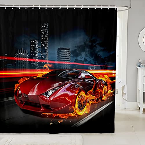 Loussiesd Auto Duschvorhang 180x180cm 3D rot Sports Auto Duschvorhang Textil Speed Rennen Auto für Kinder Jungs Cool Automobile Stil Schlafzimmer Sammlung von Loussiesd
