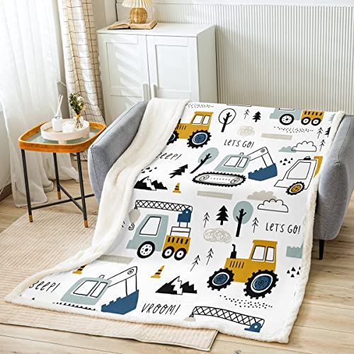 Loussiesd Auto Wohndecke Kinder Jugend BAU Decke 75x100cm Karikatur Bagger Kran Zugmaschine Dekor Kuscheldecke Mädchen Schlafzimmer Dekor LKW Traktor Flanell Fleecedecke Weiß Gelb, Mehrfarbig 90 von Loussiesd