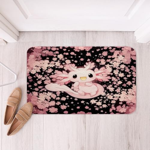 Loussiesd Axolotl Badematte 50x80cm Cartoon Salamander Badezimmerteppich Nette Kirschblüten Badvorleger Japanischer Stil Anime Badezimmerteppich Kawaii Ozean Sealife Duschvorleger Reptil Tier von Loussiesd
