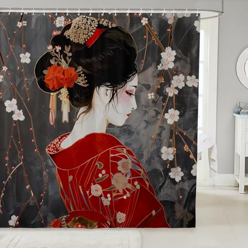Loussiesd Badezimmer Japan Geisha Duschvorhang 180x180cm für StändeKirschblüten Couchdecke Japanischer Stil Duschvorhang Textil Japanische Tradition Ästhetisch Duschvorhang von Loussiesd