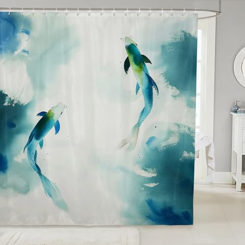 Loussiesd Badezimmer Koi-Fische Duschvorhang 180x200cm für StändeBlaugrüne Aquarellbilder Couchdecke Japanischer Stil Duschvorhang Textil Fischmuster Duschvorhang von Loussiesd