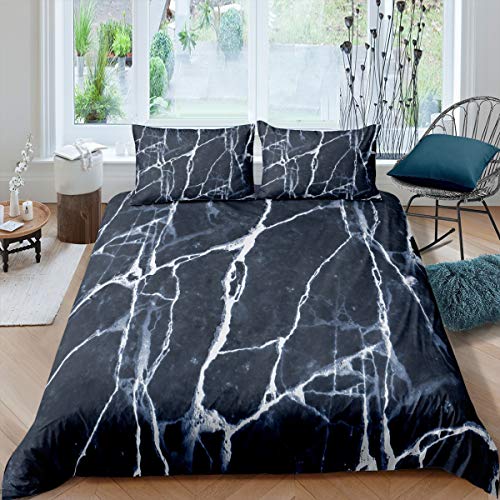 Loussiesd Bettwäsche Set Marmor Muster Schwarz Bettbezug Set Kinder Jungen Mädchen 135x200 cm Microfaser Betten Set mit Reißverschluss und 1 Kissenbezug 80x80 cm von Loussiesd