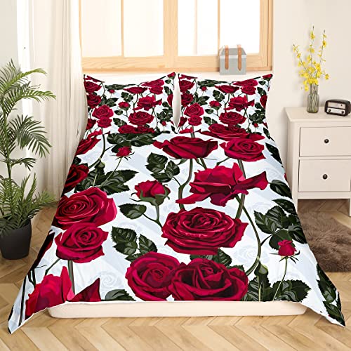Loussiesd Bettwäsche Set mit roten Rosen für Mädchen 155x220cm Romantisches Bettbezug Set mit roten Rosen für Kinder Jungen Mädchen mit Rosen Blumen Betten Set mit 1 Kissenbezug von Loussiesd