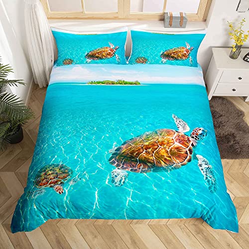 Loussiesd Bettw?scheset mit Schildkr?tenmuster 135x200 cm Ocean Beach Theme Bettbezug Set Blau Hawaii Meerestiere Digitaldruck Mikrofaser Polyester Tr?sterbezug mit 1 Kissenbezug, 2 Stück von Loussiesd