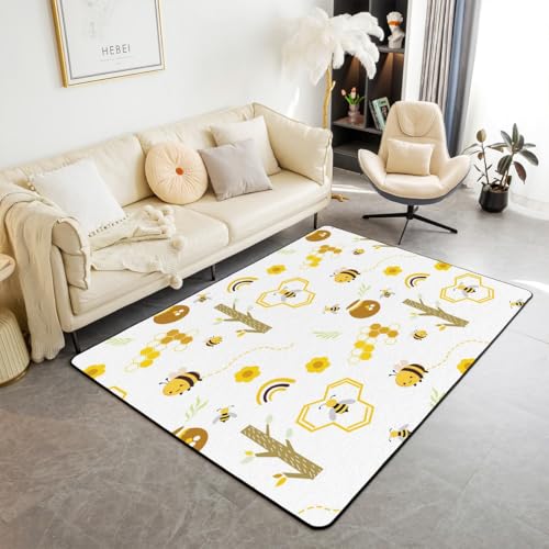 Loussiesd Biene Teppich 100x150cm Kinder Nette Cartoon Biene Modern Teppich Kinder Jungen Sechseckige Wohnzimmerteppich Atmungsaktive Tier Küchenteppich Mädchen Biene Floral Küchenteppich von Loussiesd