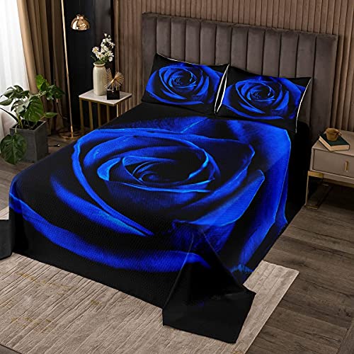 Loussiesd Blaue Rose Blumen Tagesdeck 240x260cm Wohndecke 3D gedruckte Blüten Blumen Bettüberwurf Valentinstag Botanischer Steppdecke mit 2 Kissenbezügen Romantische Mikrofaser von Loussiesd