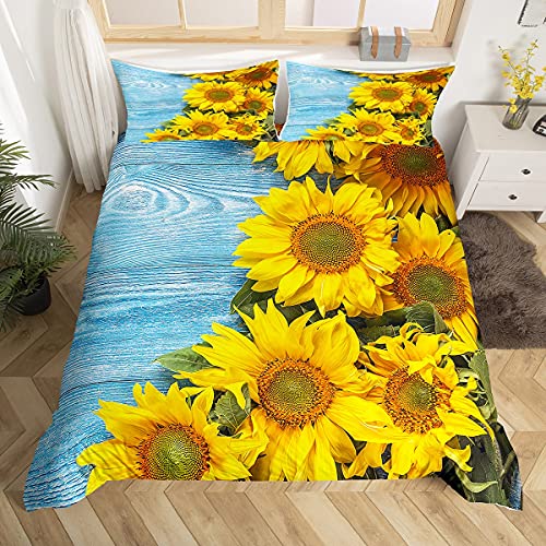 Loussiesd Blühen Sonnenblumen Bettw?sche Set Helles Gelb Sonnenblumen Bettw?sche 135x200cm für M?dchen Frauen Tropische Blumen Mikrofaser Bettbezug Set mit 1 Kissenbezug Blaues Holzbrett drucken von Loussiesd