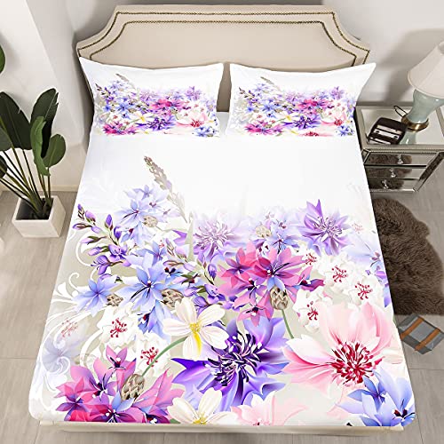 Loussiesd Blumen Rosa Lila Weiß Mädchen Natürliche Pflanzen Spannbettlaken 90x200cm Blumen Lavendel Bettlaken Set Idyllische Landschaft Spannbetttuch 100% Mikrofaser Atmungsaktiv von Loussiesd