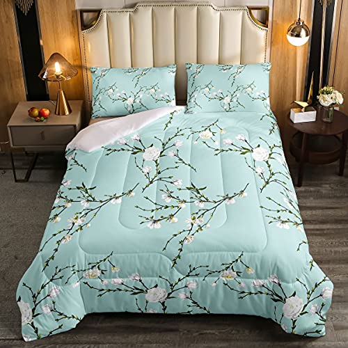 Loussiesd Blumen Steppbett Damen Weiß Blumen Botanisch Bettdecke 155x220cm Mädchen Retro Blumen Zweige Dekor Winter Sommer Bettdecke Mikrofaser Blau Schlafzimmer von Loussiesd