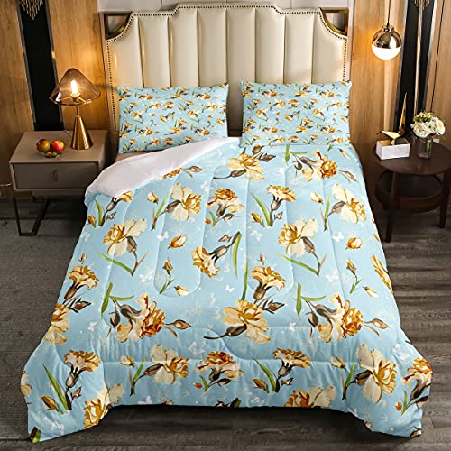 Loussiesd Blumen Steppbett Frauen Schick Blumen Schmetterlinge Bettdecke 135x200cm M?dchen Jugendliche Gelb Blau Dekor 4-Jahreszeiten Bettdecke Mikrofaser Schlafzimmer von Loussiesd