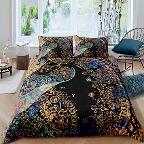 Loussiesd Böhmisches Mandala Bettwäsche Set Boho Blumen Bettbezug Set Exotisch Schicke Blumenspirale Bettwäsche 135x200cm für Mädchen Frauen Dekor Gold Schwarz Mandala Drucken Bettwäsche von Loussiesd