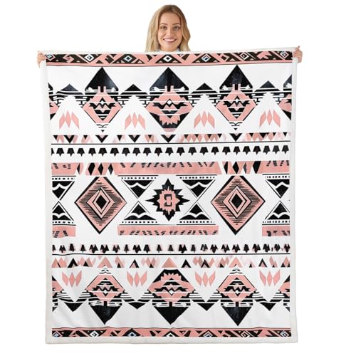 Loussiesd Boho Geometrische Südwestern Decke 150x200cm Tribal Native American Muster Kuscheldecke für Kinderbett Zimmer Dekor Western Wohndecke Rosa Schwarz Flanell Fleecedecke von Loussiesd