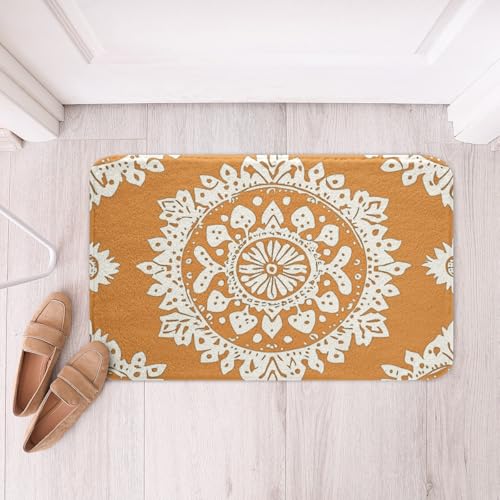 Loussiesd Boho Mandala Badematte 50x80 Mandala Orange Badteppiche für Badezimmer Wohnzimmer Schlafzimmer Badezimmerteppich Bohemian Stil Badteppiche Exotic Floral Printed Badvorleger von Loussiesd