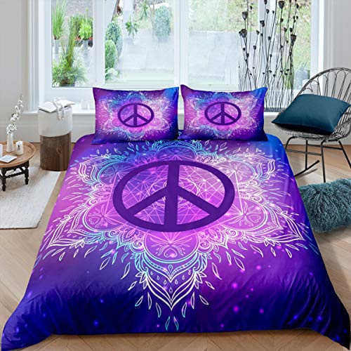 Loussiesd Boho Mandala Betten Set Böhmischen Stil Bettbezug Set Hippie Friedenskunst Bettwäsche Set 135x200cm Für Kinder Erwachsene Friedenszeichen Kunstwerk Blau Lila Raumdekor Reißverschluss von Loussiesd