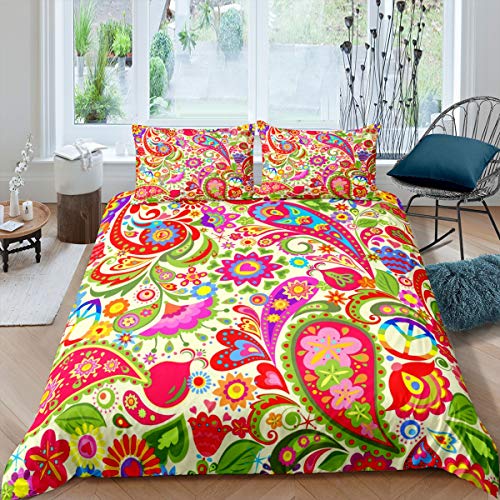 Loussiesd Boho Paisley Drucken Bettwäsche Set 135x200cm Mädchen Bunte Blumen Bedruckte Betten Set Bohemian Exotisch Stil Bettbezug Set Für Kinder Frauen Blüte Blumen Raumdekor von Loussiesd