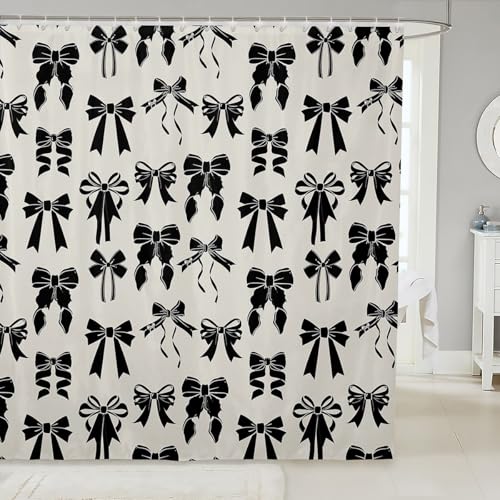 Loussiesd Bow Bad Vorhang Schwarz Bogen Duschvorhang 180x180cm für Kinder Jungen Mädchen Dekor Nette Bowknot Badezimmer Duschvorhang Textil Polyester von Loussiesd