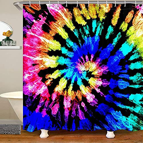 Loussiesd Bunt Tie Dye Fabric Duschvorhang Boho Psychedelisch Wasserdicht Badewanne Badvorhang mit Haken Regenbogenfarbe Krawatte färben Duschvorhang 180x200cm Hippie Bohemian Duschvorhang von Loussiesd