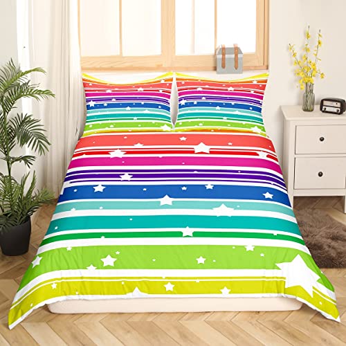 Loussiesd Buntes Regenbogen Bettwäsche Set 155x220cm Regenbogen Stern Bettbezug Set für Kinder Damen Mädchen Mehrfarbig Streifen Betten Set strapazierfähig mit 1 Kissenbezug von Loussiesd