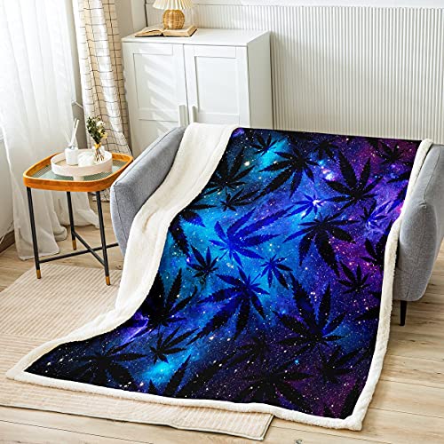 Loussiesd Cannabis Galaxis Marihuana Blätter Decke 220x240cm Universum Raum Sternenhimmel Kuscheldecke für Kinder Erwachsene Trippy Unkrautblatt Botanisch Dekor Wohndecke Flanell Fleecedecke von Loussiesd