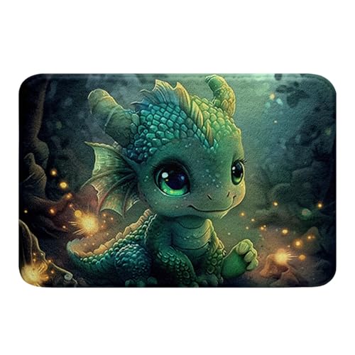 Loussiesd Cartoon Drachen Badezimmerteppich Cute 3D Tier Thema Waschbar Badematte 50x80cm Ancient Wildtiere Scale Drachen Tief Tier Badteppiche Dekoration Grün Badvorleger von Loussiesd