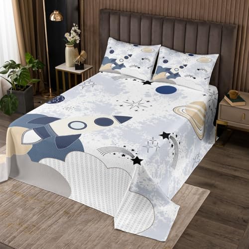Loussiesd Cute Astronaut Rocket Tagesdecke 170x210cm Cartoon Outer Space Steppdecke für Kinder Mädchen Jungs Space Rocket Print Bettüberwurf Wohndecke Zimmer Dekor von Loussiesd