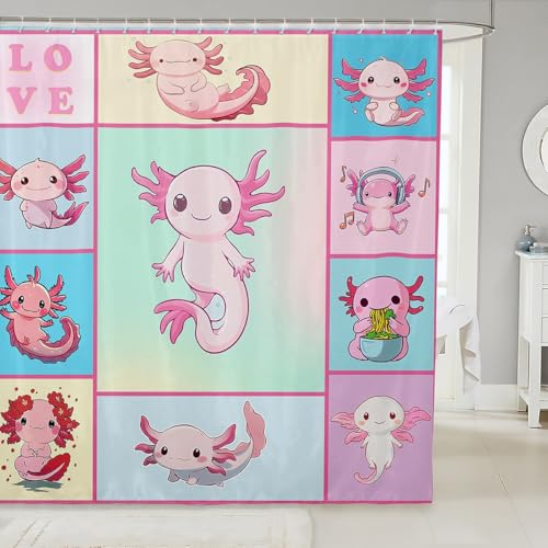 Loussiesd Cute Axolotls Duschvorhang 180x200cm für Kinder Jungen Mädchen Pink Axolotls Animals Duschvorhang Textil Cartoon Salamander Duschvorhang Kawaii Ocean Sealife Duschvorhang von Loussiesd
