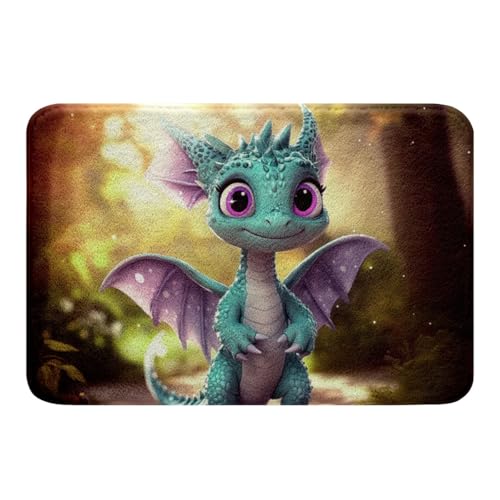 Loussiesd Cute Drachen Waschbar Badematte 50x80cm Kinder 3D Drachen Badteppiche Cartoon Tier Ancient Wildtiere Drachen Tief Tier Badezimmerteppich Grün Badvorleger Dekoration Badvorleger von Loussiesd