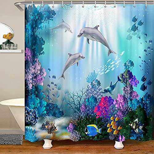 Loussiesd Delfin Duschvorhang 180x180cm mit 12 Duschvorhangringen Wasserdicht Anti-Schimmel Blau Polyester Textil Duschvorhang für Kinderbad Tropischer Ozean-Unterwasserfisch Motiv Waschbar von Loussiesd